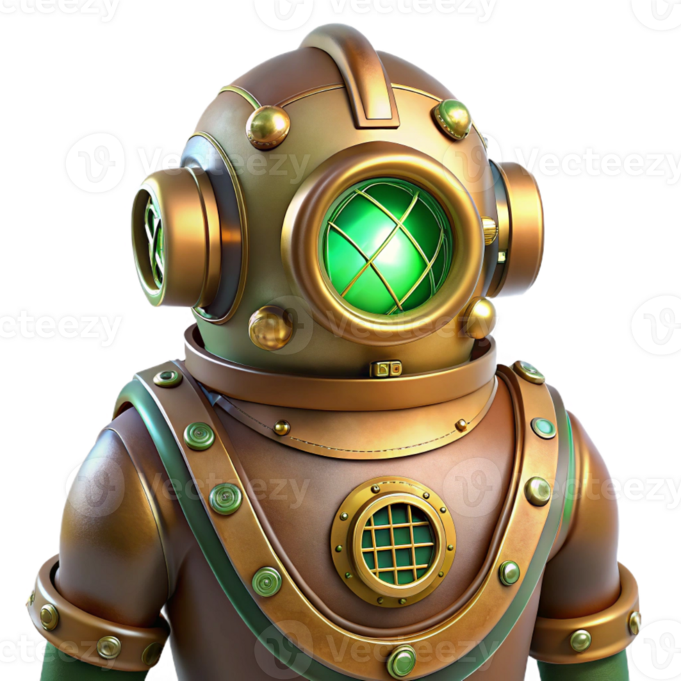 serene artistic A steampunk diving suit, heavy brass and copper, intricate pressure gauges, glowing green portholes, underwater lighting, realistic style exclusive png