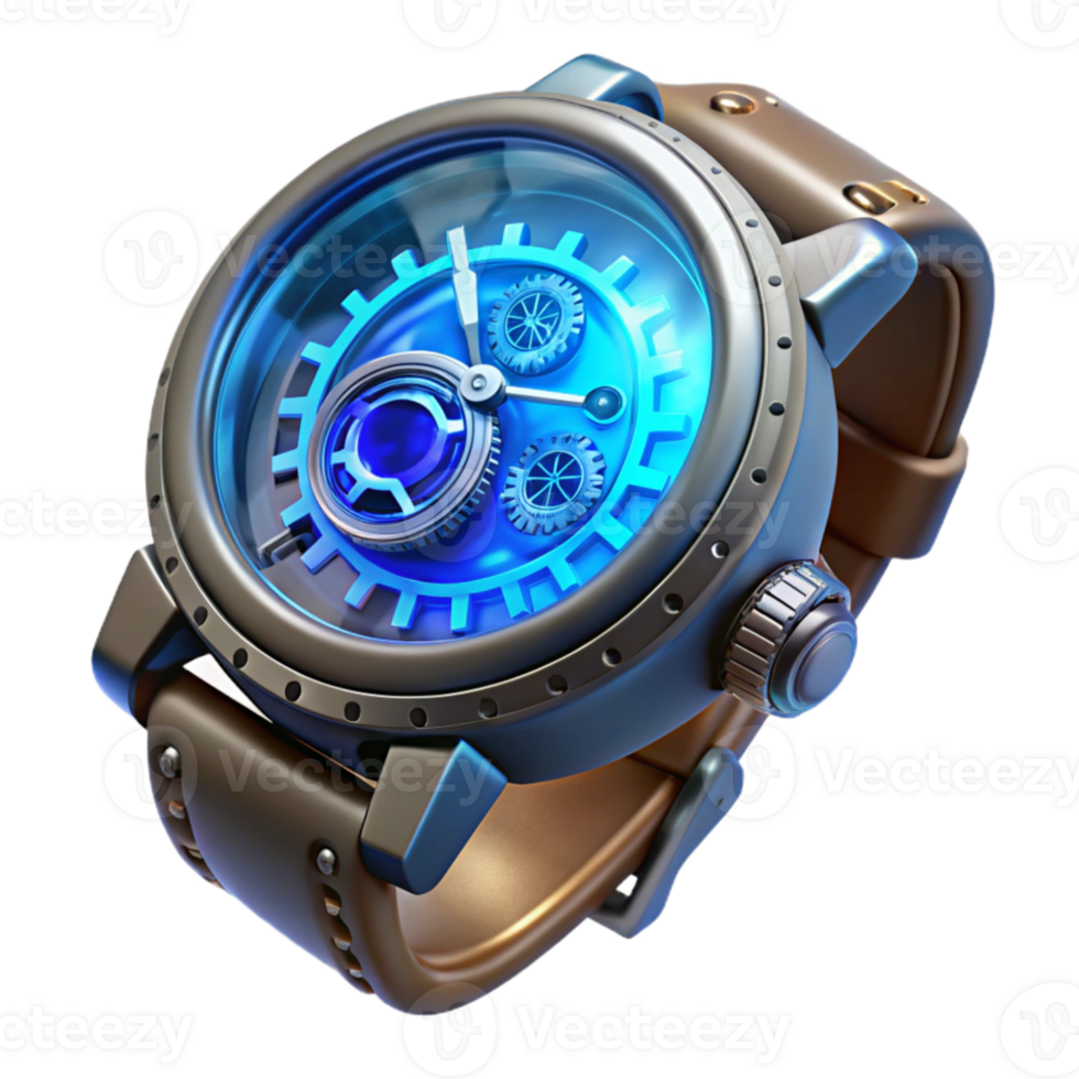 beautiful rustic Steampunk wristwatch, intricate gears visible through crystal face, roman numerals, glowing blue hands, close-up, hyperrealistic original png