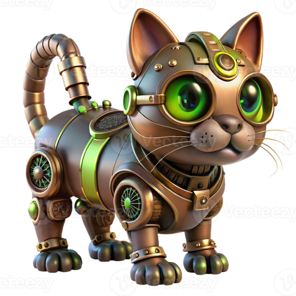 vibrant classic Steampunk robotic cat, intricate gears and wires, glowing green eyes, oil-stained fur, dimly lit workshop setting premium png