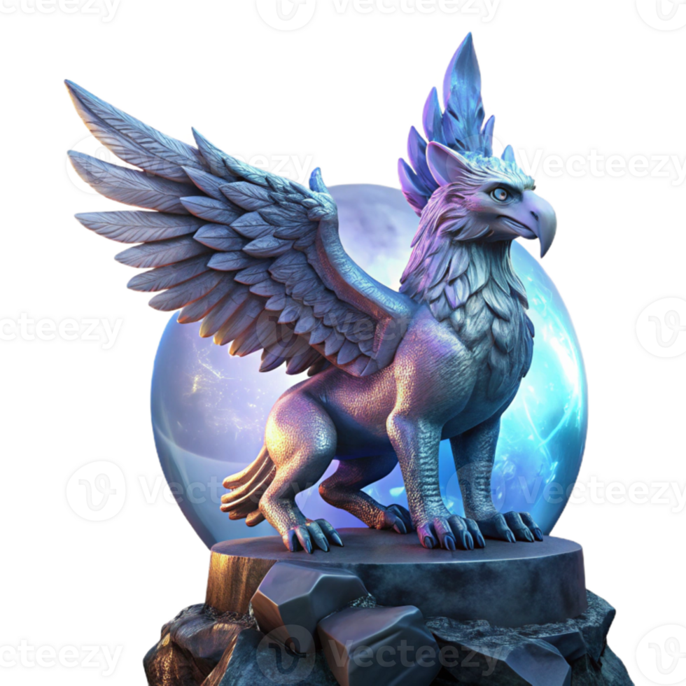 serene minimalist A majestic griffin with iridescent feathers, perched atop a crumbling obsidian tower, lit by the ethereal glow of a full moon. Dramatic lighting, hyperrealistic style authentic png