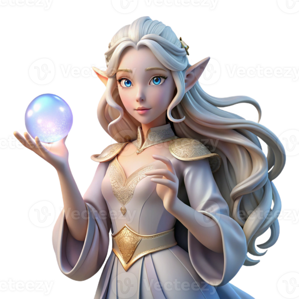 stunning abstract A graceful elf queen with flowing silver hair, holding a crystal orb, bathed in the warm light of a magical sunrise. Art nouveau, ethereal style high resolution png