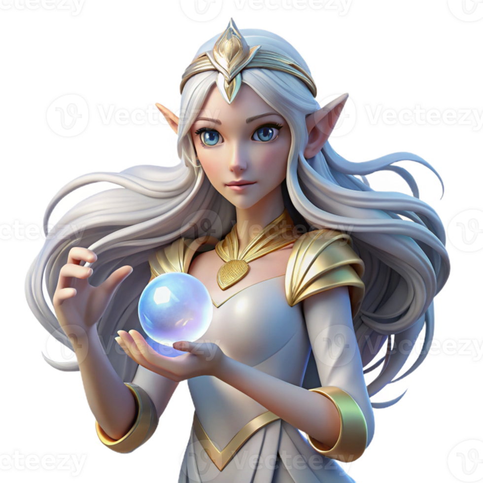 dramatic rustic A graceful elf queen with flowing silver hair, holding a crystal orb, bathed in the warm light of a magical sunrise. Art nouveau, ethereal style high quality png