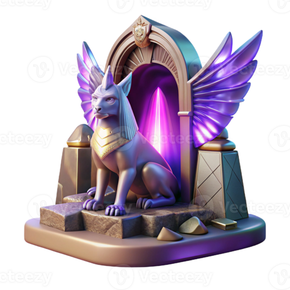 extraordinary minimalist A mysterious sphinx with wings of amethyst, guarding a hidden portal, lit by an otherworldly glow. Surreal, art deco style exclusive png