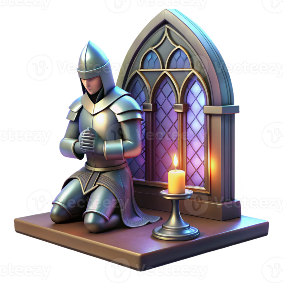stunning classic A stoic knight in shining armor, kneeling before a sacred altar, bathed in the soft light of stained glass windows. Medieval fantasy, realistic style premium png