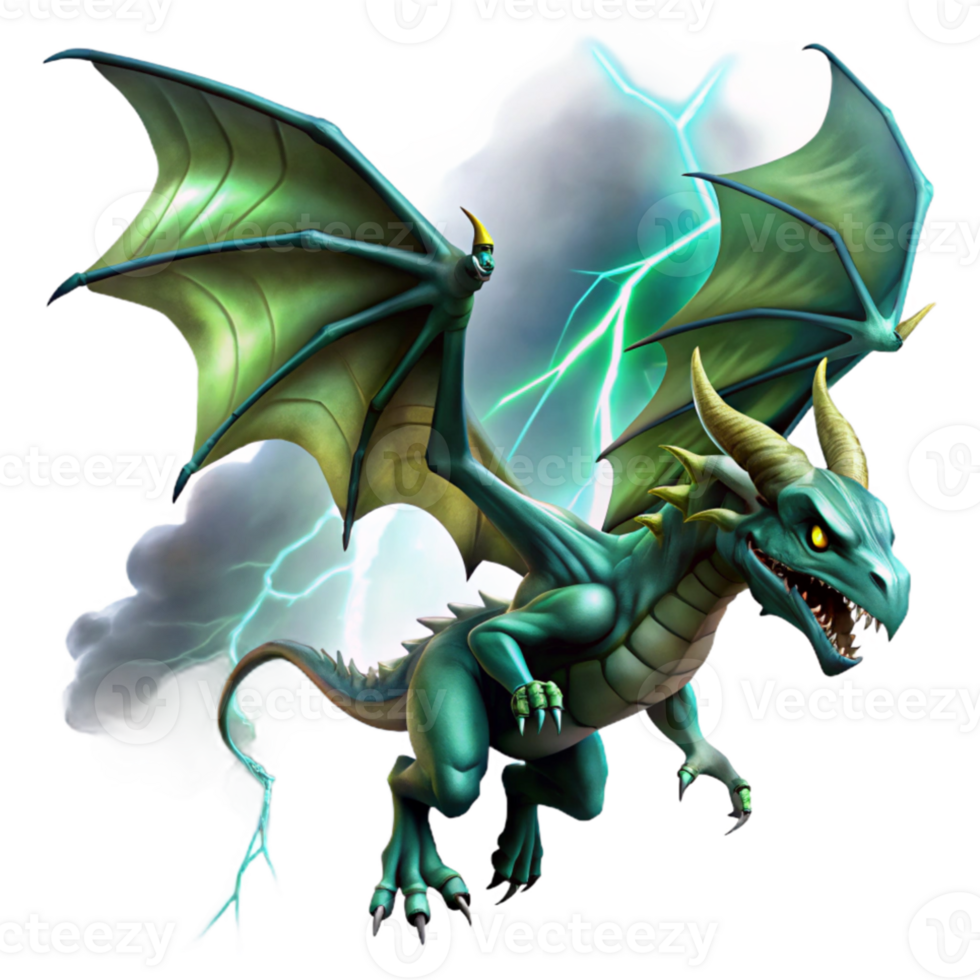 dramatic rustic A fearsome dragon with scales of polished emerald, soaring through a stormy sky, illuminated by flashes of lightning. Epic fantasy, digital painting style high quality png