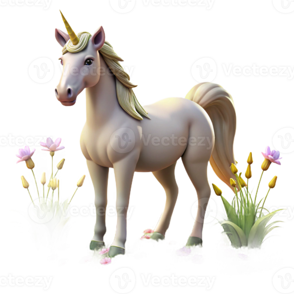 elegant creative A regal unicorn with a golden horn, grazing in a meadow of wildflowers, lit by the warm light of a summer afternoon. Fantasy art, painterly style exclusive png