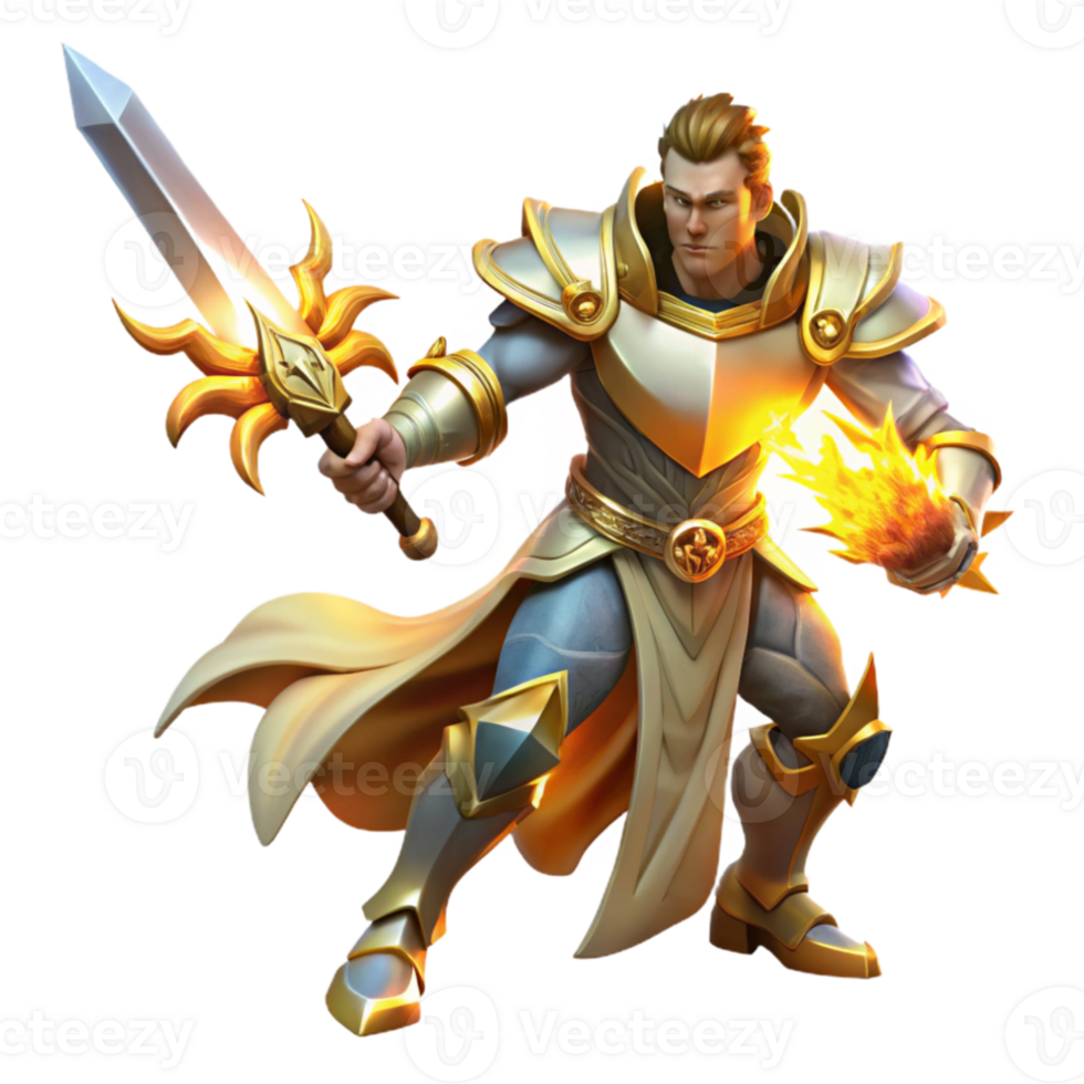 dramatic classic A valiant paladin with a holy sword, battling a demonic horde, illuminated by the divine light of his weapon. Epic fantasy, dynamic lighting premium png