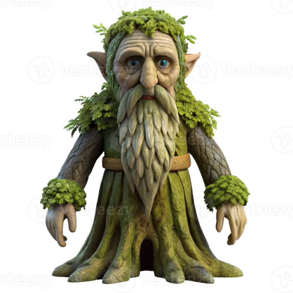 beautiful minimalist A wise old treant with moss-covered bark, standing guard in an ancient forest, lit by dappled sunlight. Fantasy art, realistic rendering 4K png