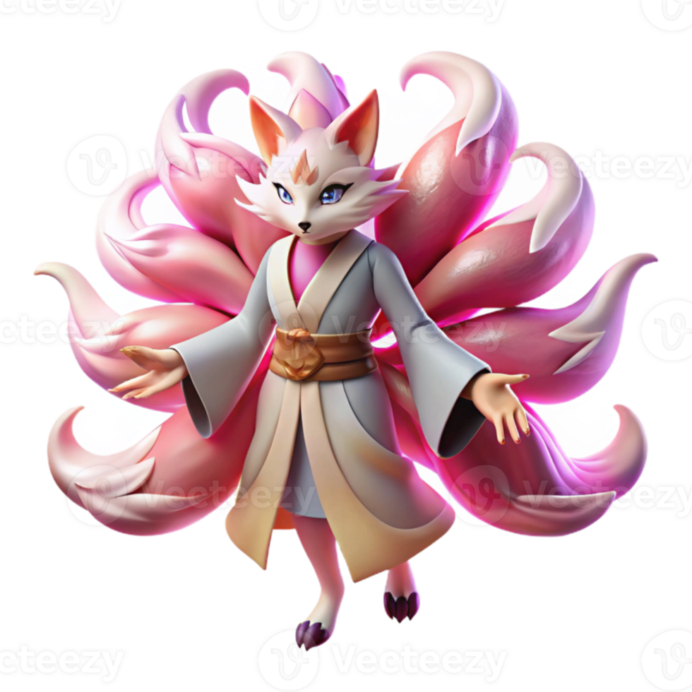 dramatic contemporary A sly kitsune with nine flowing tails, transforming into a beautiful woman, bathed in a magical pink glow. Japanese folklore, ethereal style high resolution png