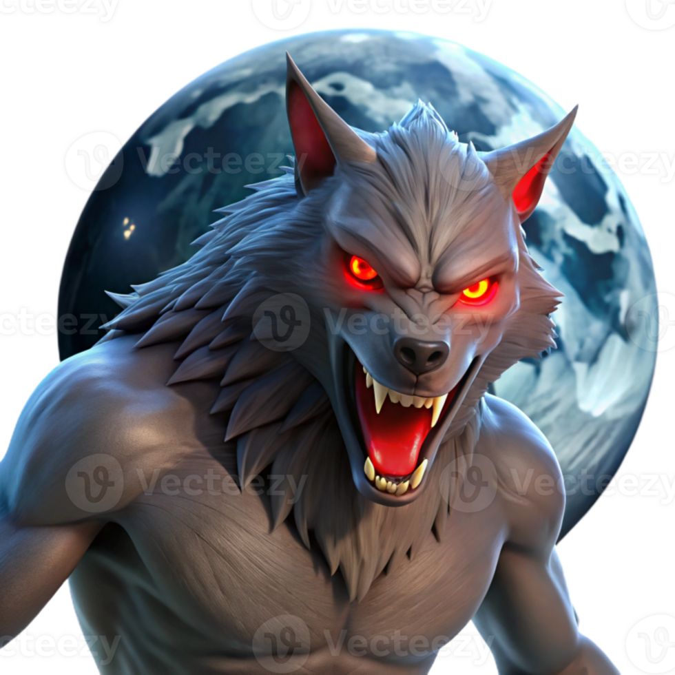 dramatic creative A fierce werewolf with glowing red eyes, howling at the full moon, illuminated by cool moonlight. Dark fantasy, horror style high resolution png