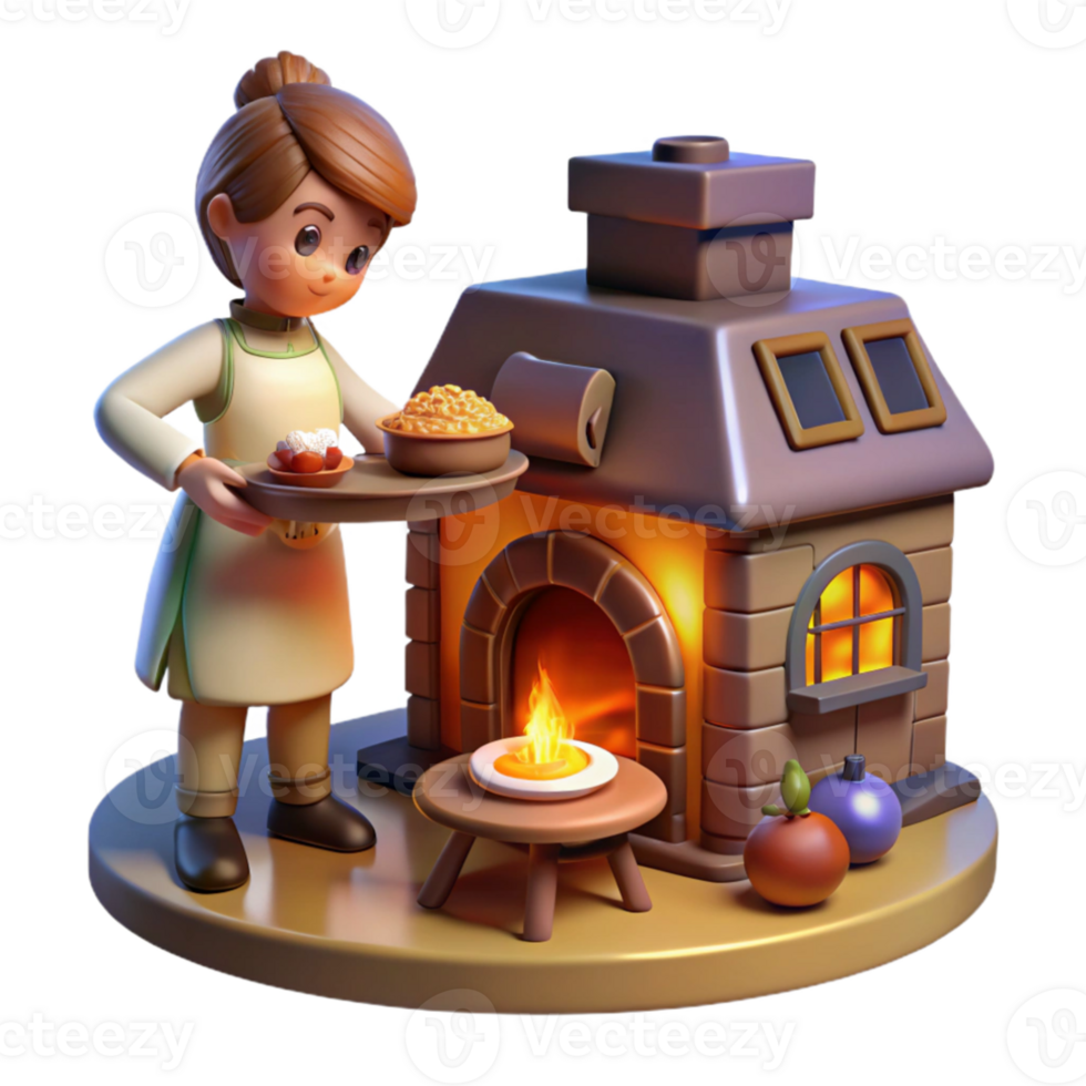 impressive artistic A curious brownie baking a magical cake, in a cozy cottage kitchen, illuminated by the warm glow of a fireplace. Folklore, whimsical style high quality png