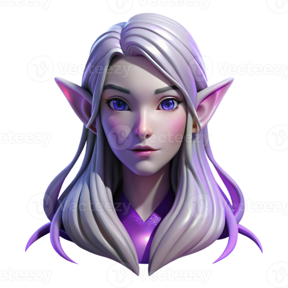 stunning rustic Portrait of an ethereal elf with long flowing silver hair, pointed ears, and luminous purple eyes, lit by soft moonlight, Art Nouveau style high resolution png