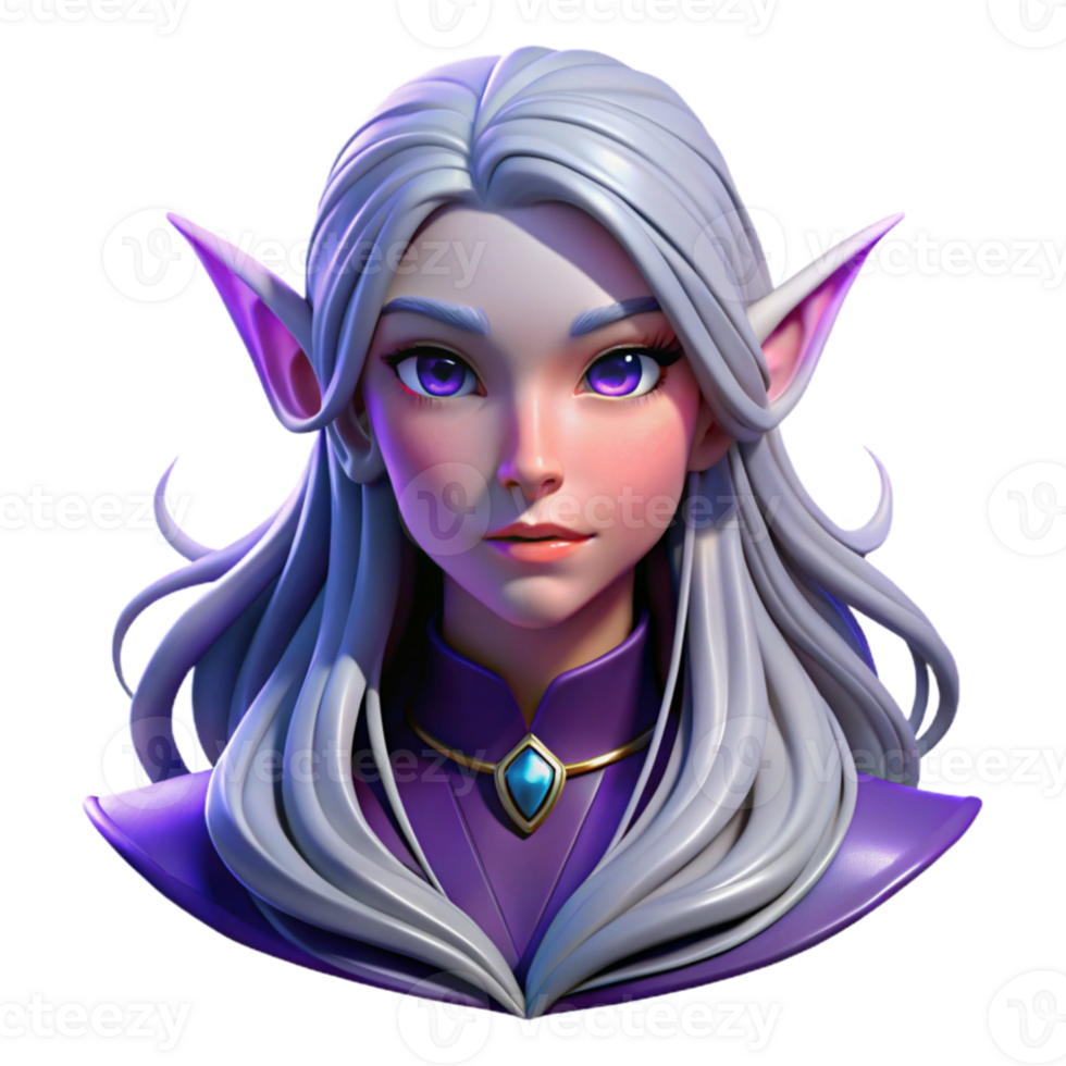 impressive abstract Portrait of an ethereal elf with long flowing silver hair, pointed ears, and luminous purple eyes, lit by soft moonlight, Art Nouveau style professional png