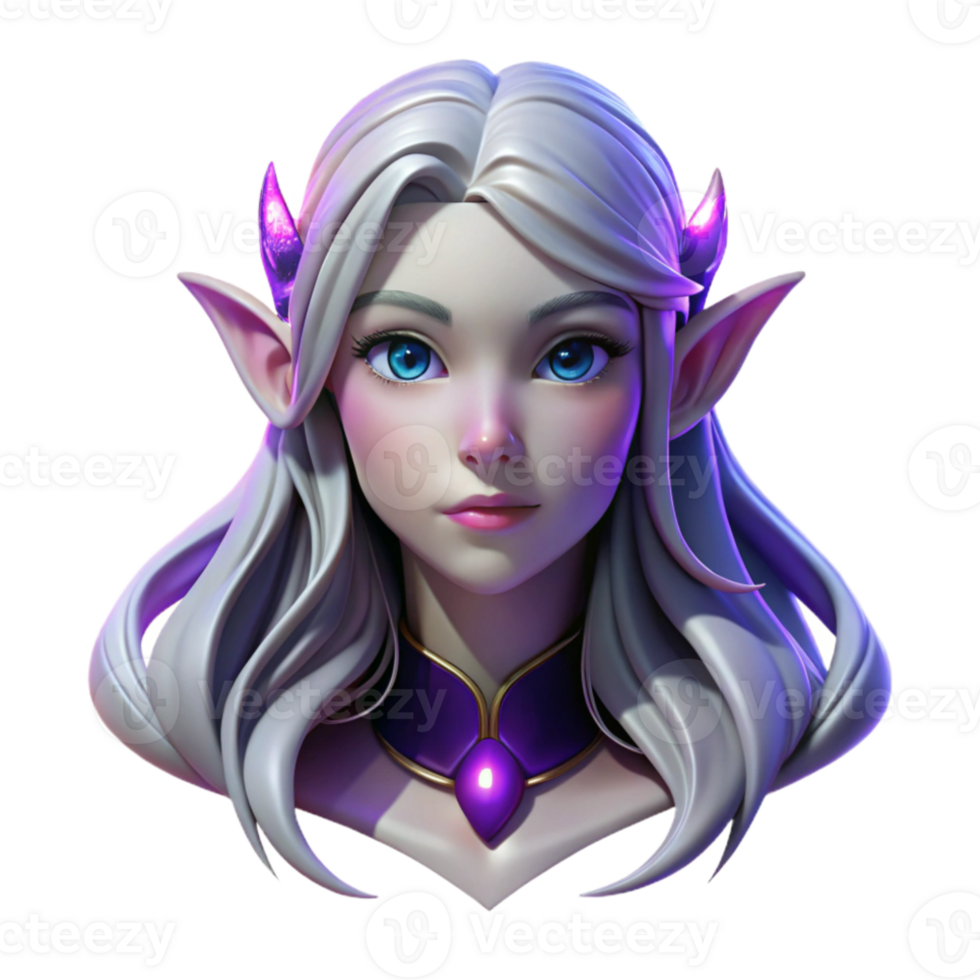 impressive creative Portrait of an ethereal elf with long flowing silver hair, pointed ears, and luminous purple eyes, lit by soft moonlight, Art Nouveau style detailed png