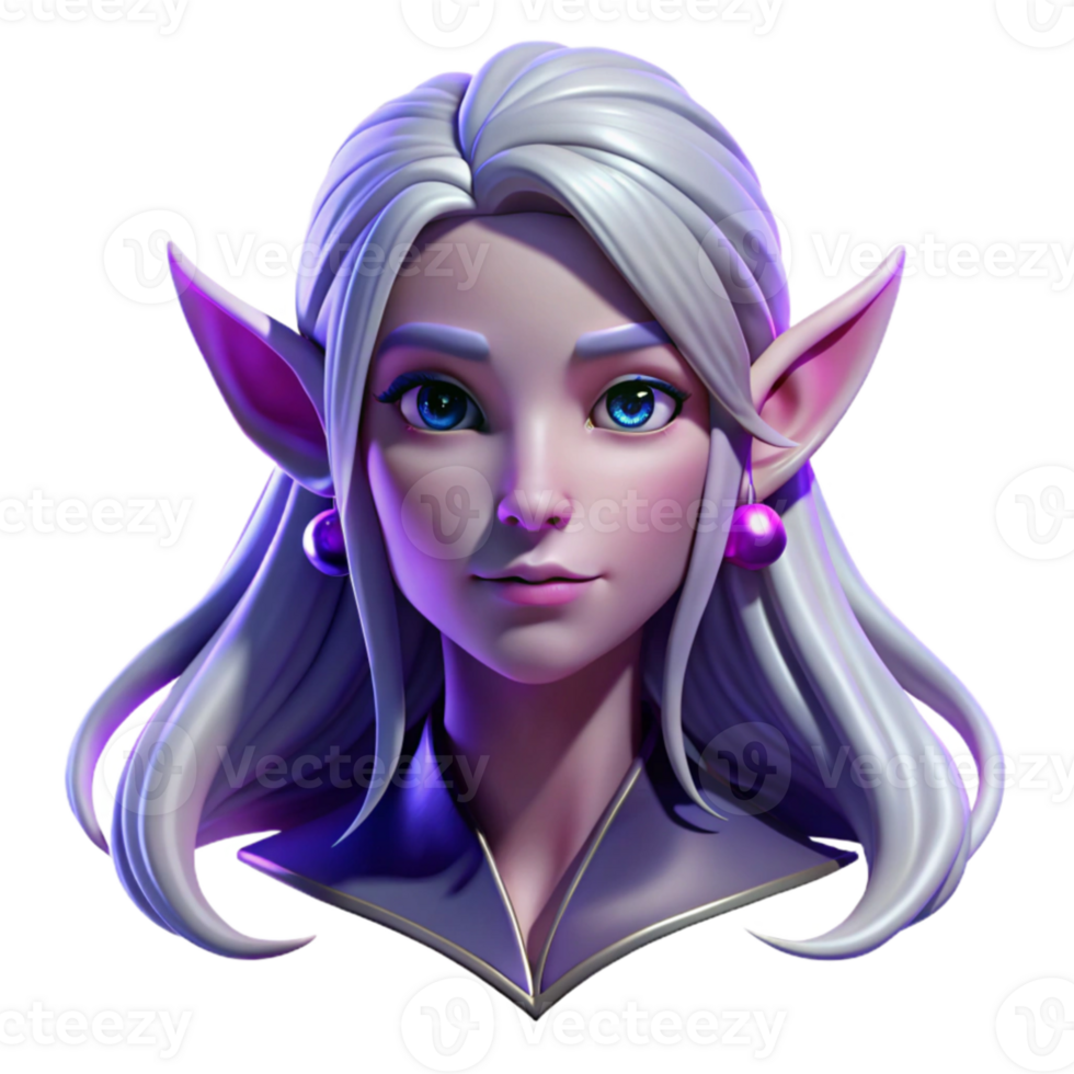 vibrant artistic Portrait of an ethereal elf with long flowing silver hair, pointed ears, and luminous purple eyes, lit by soft moonlight, Art Nouveau style high resolution png