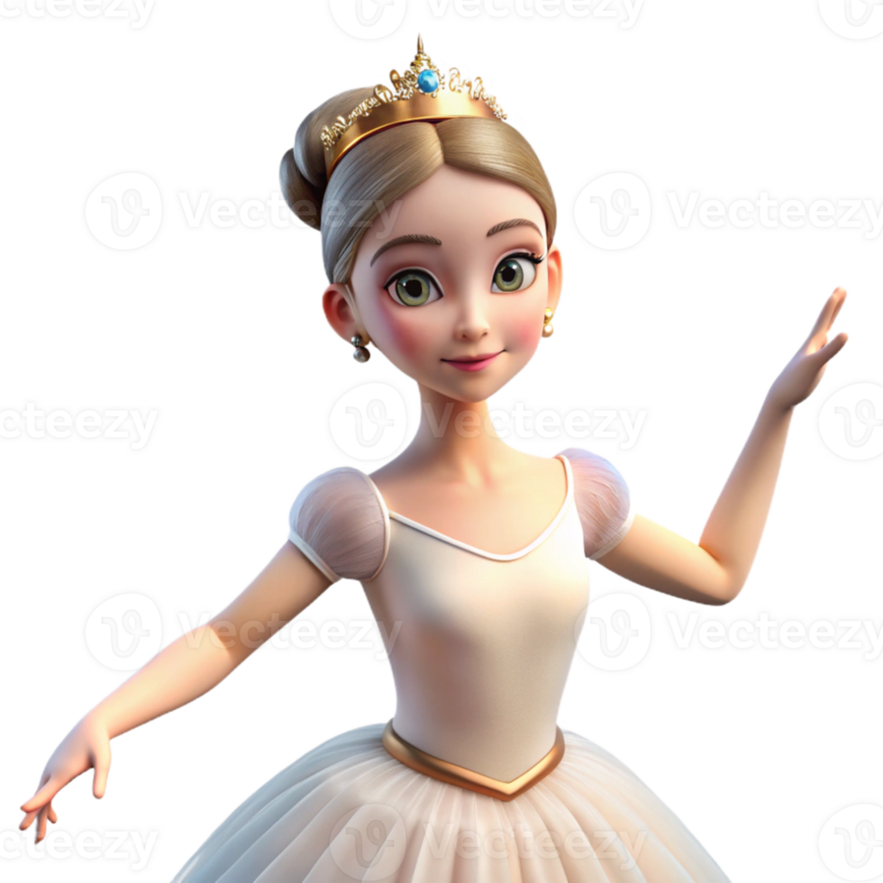 dramatic creative Portrait of a graceful ballerina with a delicate tiara, a flowing white tutu, and a serene expression, lit by soft stage lighting, classical ballet style high quality png