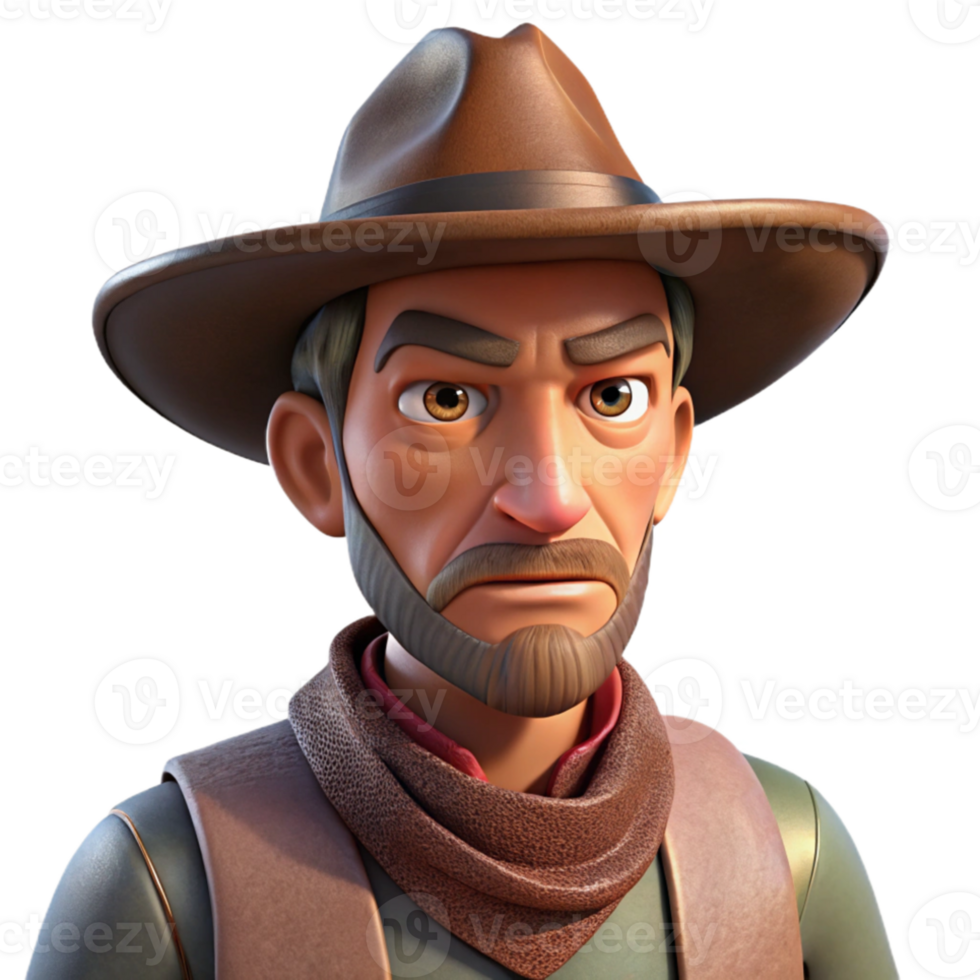 extraordinary rustic Portrait of a rugged cowboy with a weathered face, a Stetson hat, and a squinting gaze, lit by harsh desert sunlight, Western art style high quality png