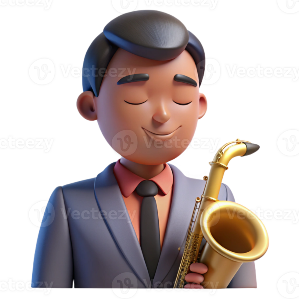 wonderful modern Portrait of a charismatic musician with a saxophone, a soulful expression, and closed eyes, lit by dim jazz club lighting, Art Deco style premium png