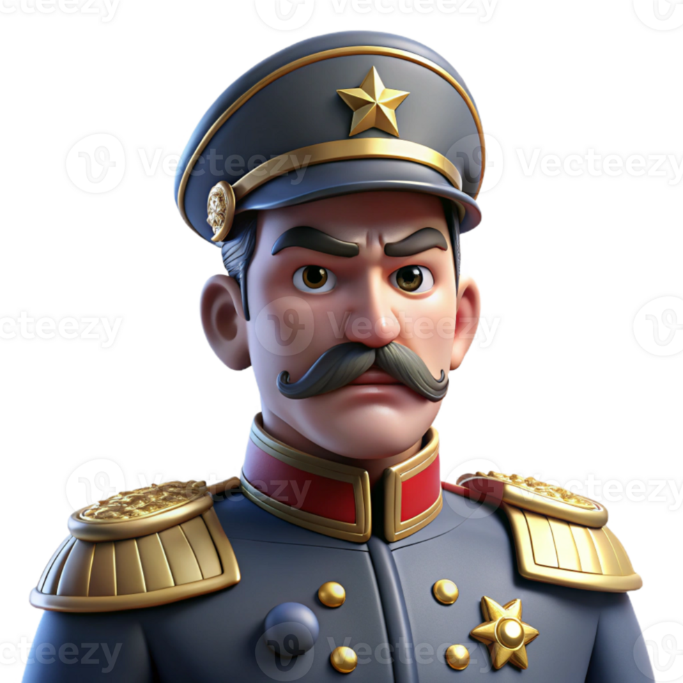 vibrant classic Portrait of a stern general with a decorated uniform, a stern expression, and a military cap, lit by strong directional lighting, military portrait style exclusive png