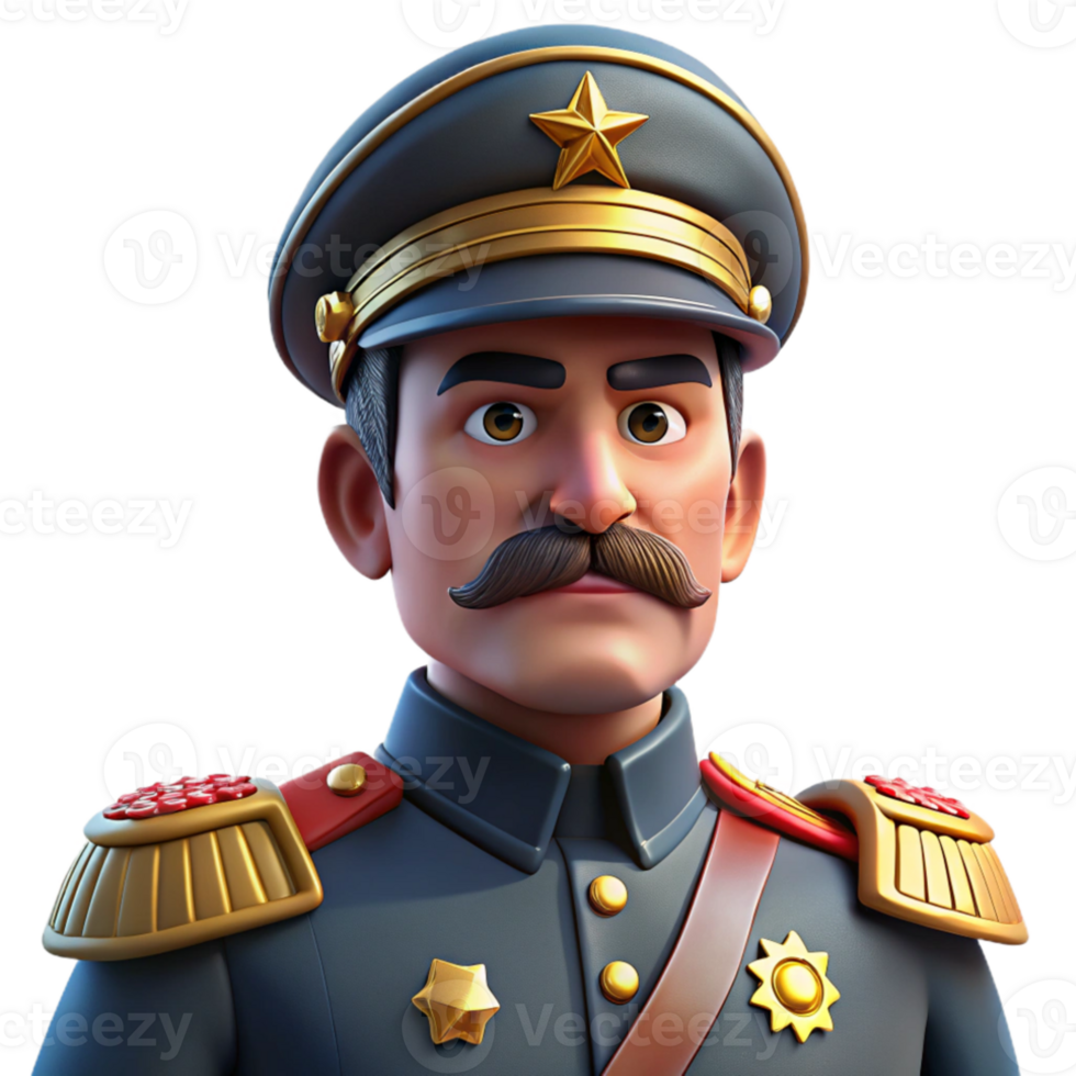 vibrant abstract Portrait of a stern general with a decorated uniform, a stern expression, and a military cap, lit by strong directional lighting, military portrait style 4K png