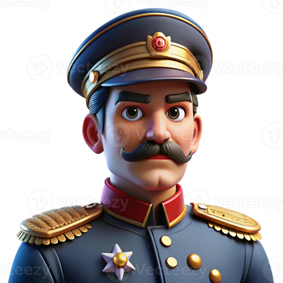 elegant creative Portrait of a stern general with a decorated uniform, a stern expression, and a military cap, lit by strong directional lighting, military portrait style professional png