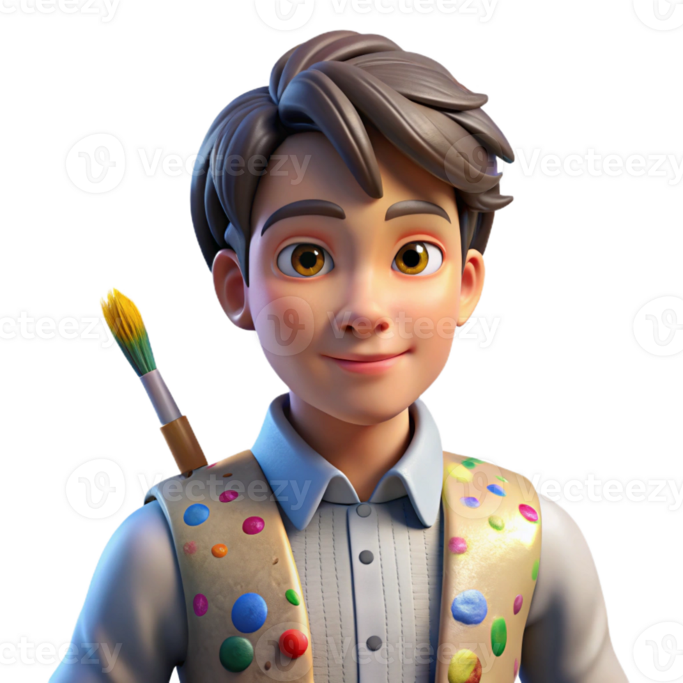 serene abstract Portrait of a young artist with paint splattered on their clothes, a focused gaze, and a paintbrush in hand, lit by natural studio light, Impressionist style detailed png