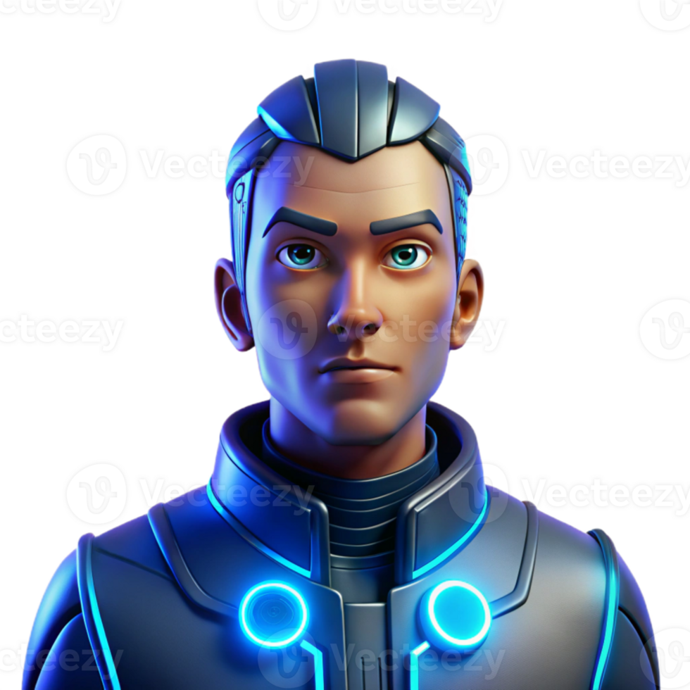 impressive artistic Portrait of a futuristic cyborg with glowing blue circuitry, a metallic face, and a stoic expression, lit by neon cyberpunk lighting, cyberpunk style high quality png