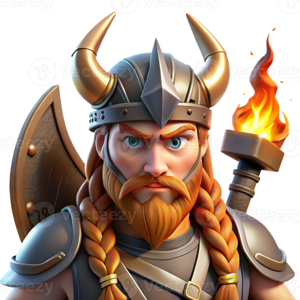 serene artistic Portrait of a fierce Viking warrior with braided hair, horned helmet, and a battle axe, lit by dramatic firelight, Norse mythology style genuine png
