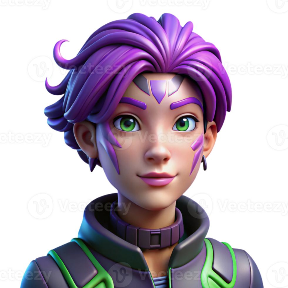 wonderful creative Portrait of a non-binary person with vibrant purple hair and intricate facial tattoos, neon lighting, cyberpunk style exclusive png