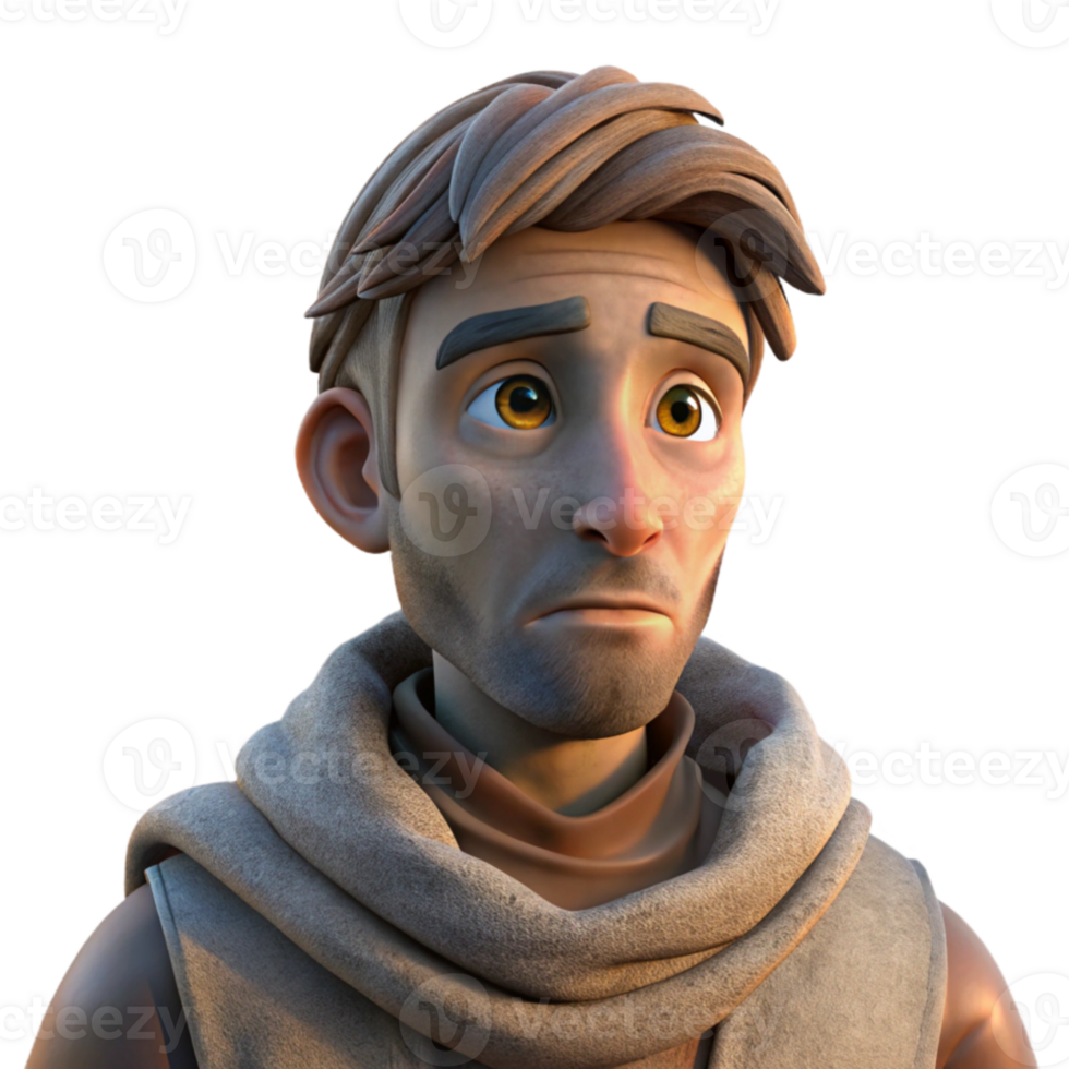 wonderful artistic Portrait of a weary traveler with dusty clothes and a faraway gaze, warm sunset lighting, digital painting style high quality png