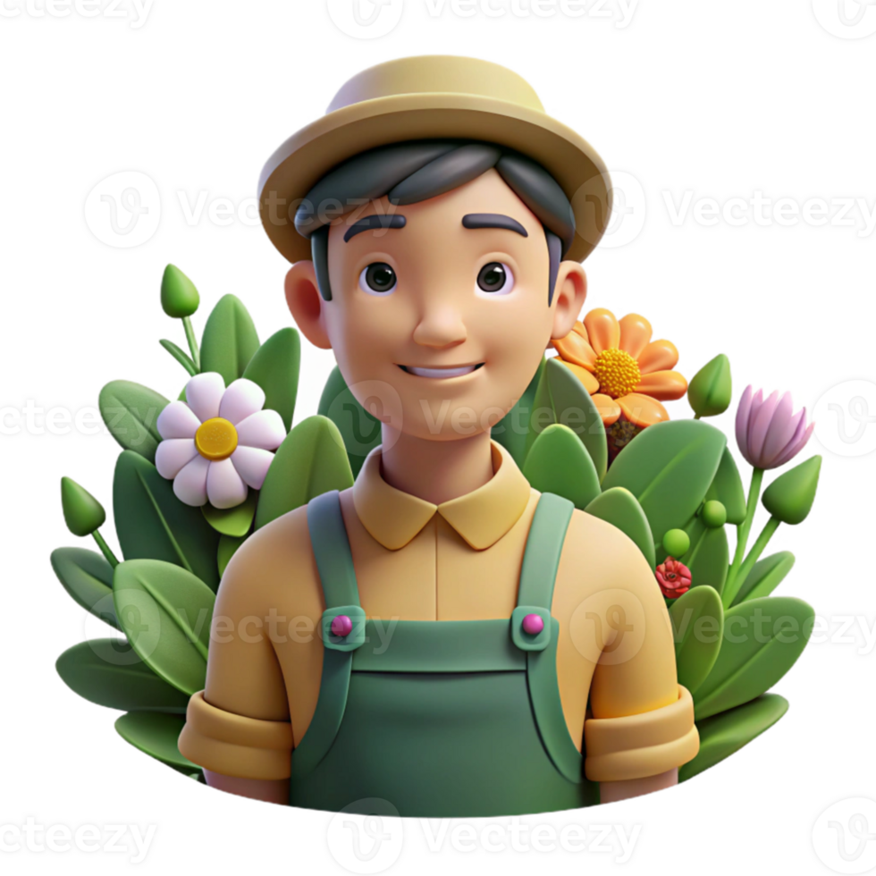 serene creative Portrait of a gardener surrounded by flowers, soft natural light, botanical illustration style premium png