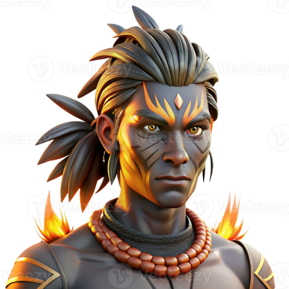 stunning creative Portrait of a tribal warrior with intricate face paint and feathers, dramatic firelight, traditional art style high resolution png