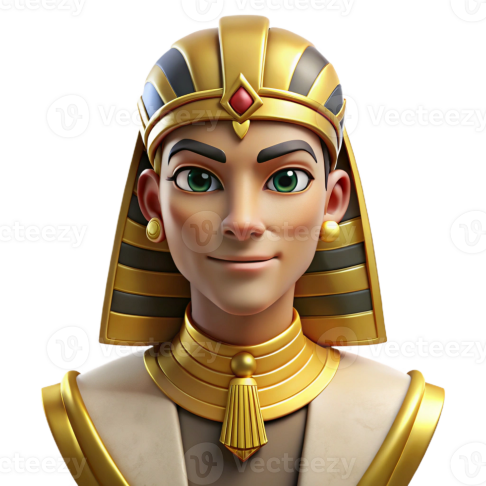 beautiful rustic Portrait of a regal pharaoh with golden headdress and jewelry, warm desert light, ancient Egyptian art style authentic png
