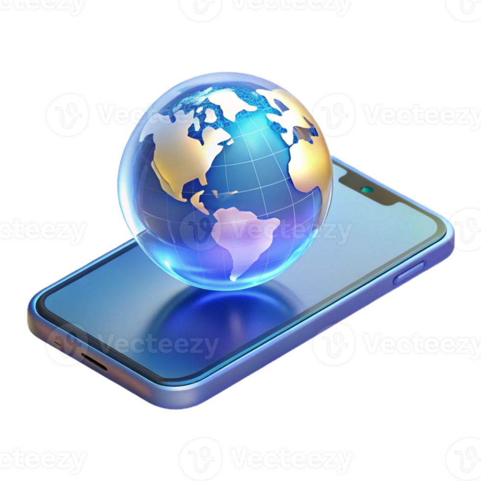magnificent traditional A levitating transparent smartphone displaying a holographic world map, soft ambient lighting, minimalist design, original png
