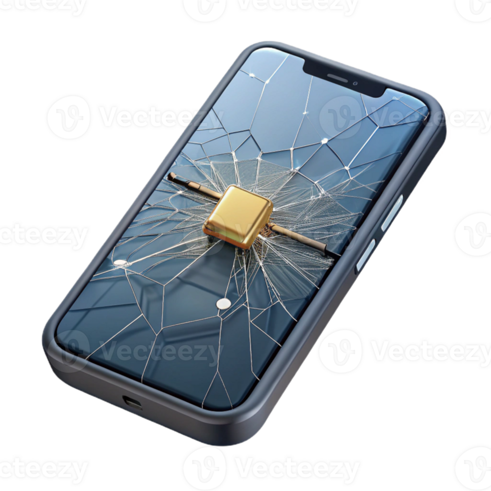 beautiful contemporary A cracked smartphone screen revealing complex internal circuitry, macro photography, realistic, original png