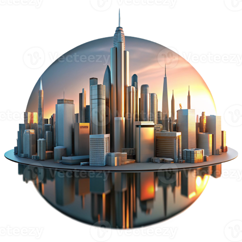 magnificent classic A futuristic city skyline reflected in a mirrored surface, sunset lighting, cyberpunk, exclusive png