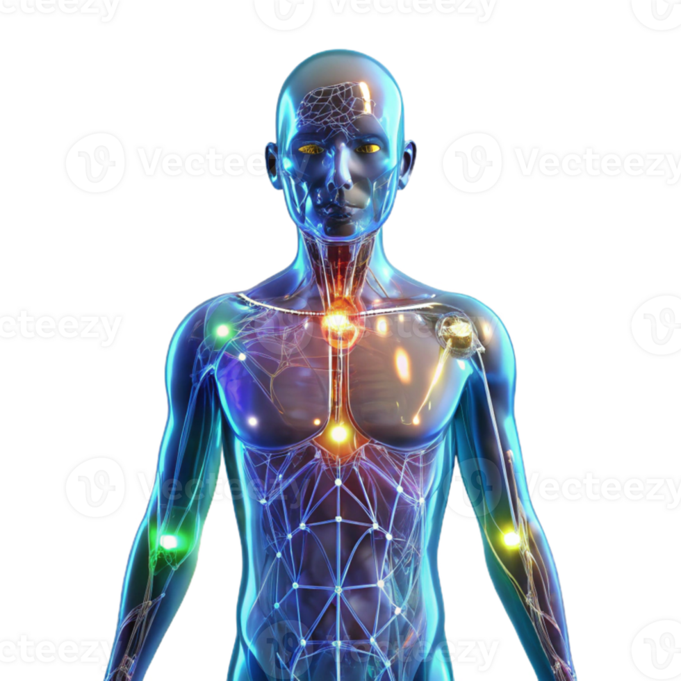 elegant artistic A transparent human body showcasing interconnected neural networks, vibrant lighting, medical illustration, authentic png