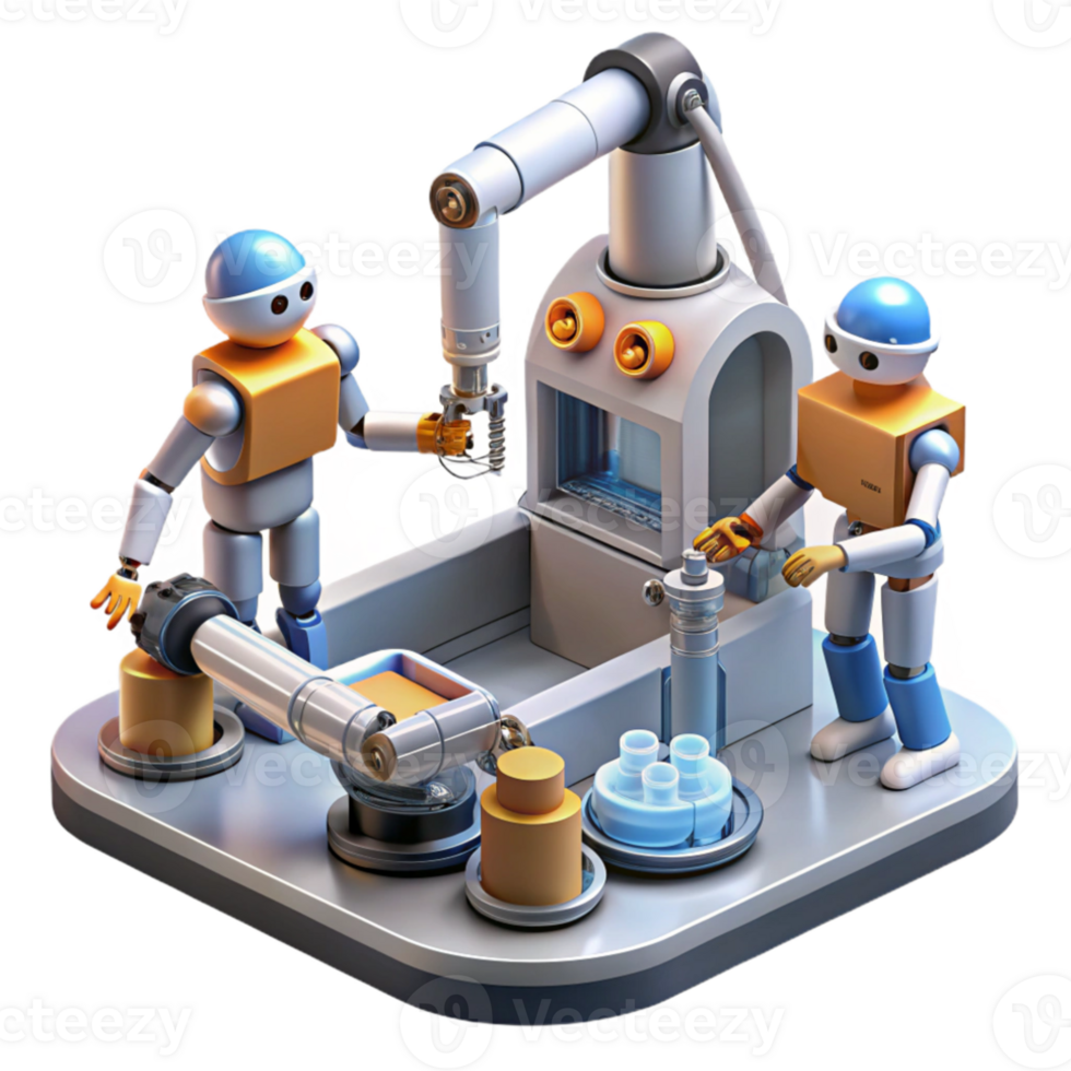 magnificent vintage A group of robots collaborating on a complex task, industrial lighting, futuristic factory, exclusive png