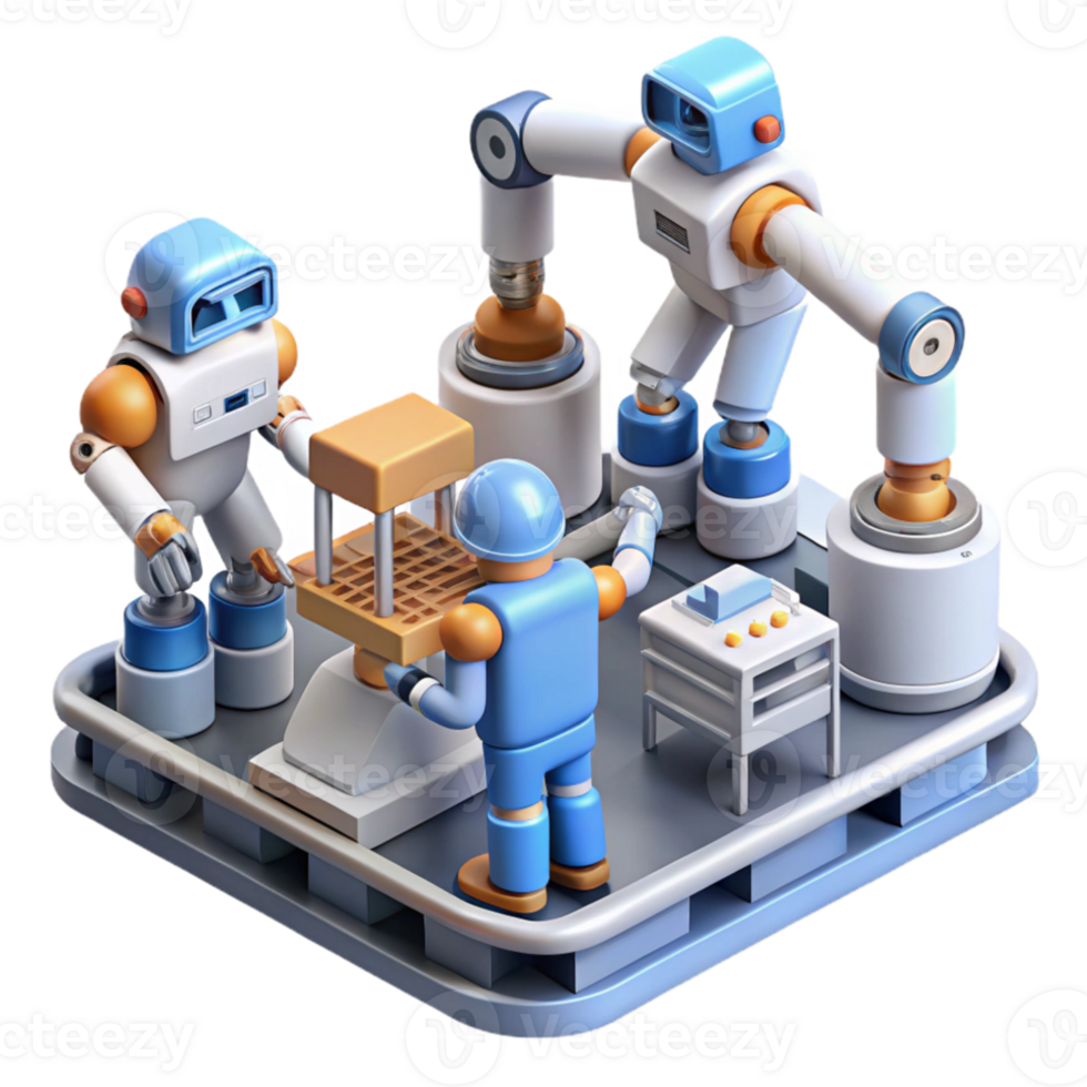 magnificent abstract A group of robots collaborating on a complex task, industrial lighting, futuristic factory, professional png