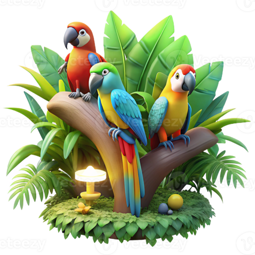 extraordinary vintage A group of colorful macaws perched on a gnarled branch, jungle setting with bright lighting, digital art style authentic png
