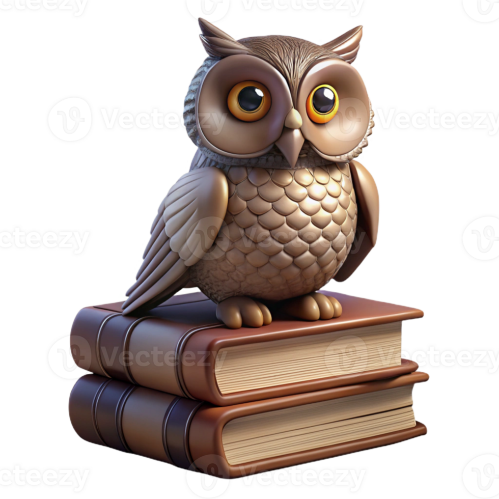 serene artistic A wise old owl perched on a stack of ancient books, dimly lit library setting, Rembrandt painting style exclusive png