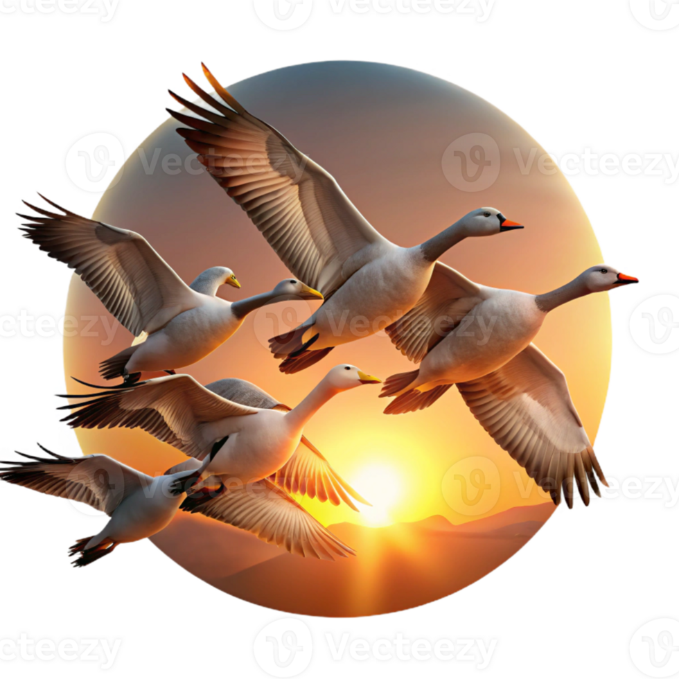 vibrant minimalist A flock of migrating geese flying in a V-formation, dramatic sunset lighting, photorealistic style exclusive png