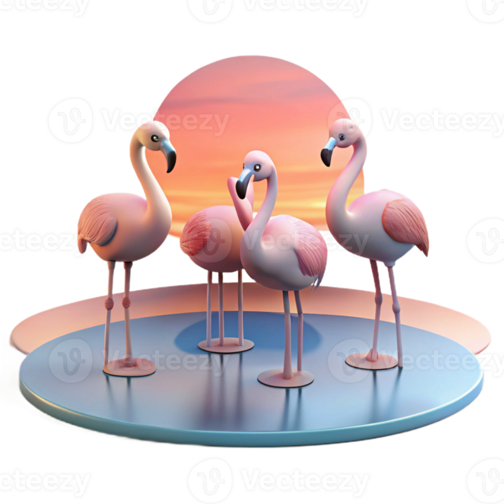 magnificent minimalist A group of flamingos standing in a shallow lake, pastel sunset lighting, minimalist style authentic png
