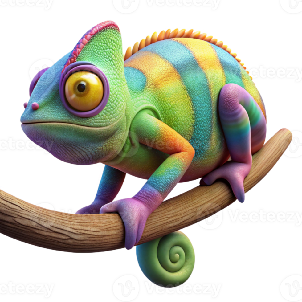 stunning classic A colorful chameleon camouflaged on a branch, rainforest setting with diffused lighting, macro photography style genuine png
