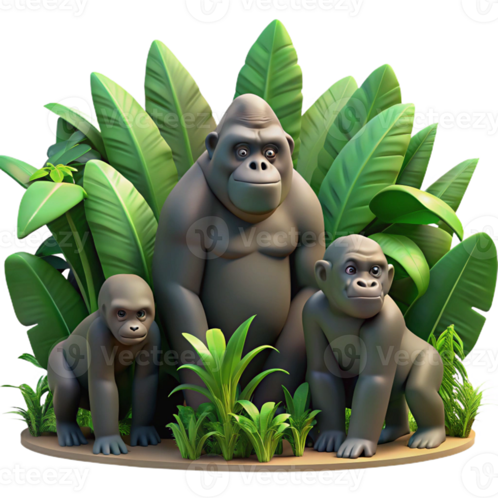dramatic vintage A family of gorillas in a dense jungle, diffused lighting, nature documentary style professional png