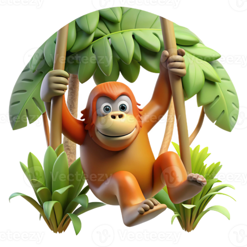 extraordinary classic A playful orangutan swinging through the trees, jungle setting with bright sunlight, photography style premium png