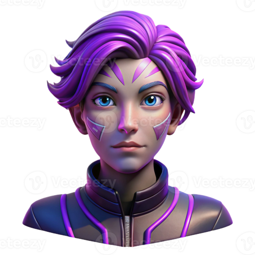 impressive creative Portrait of a non-binary person with vibrant purple hair and intricate face paint, lit by neon lights, in a cyberpunk style professional png