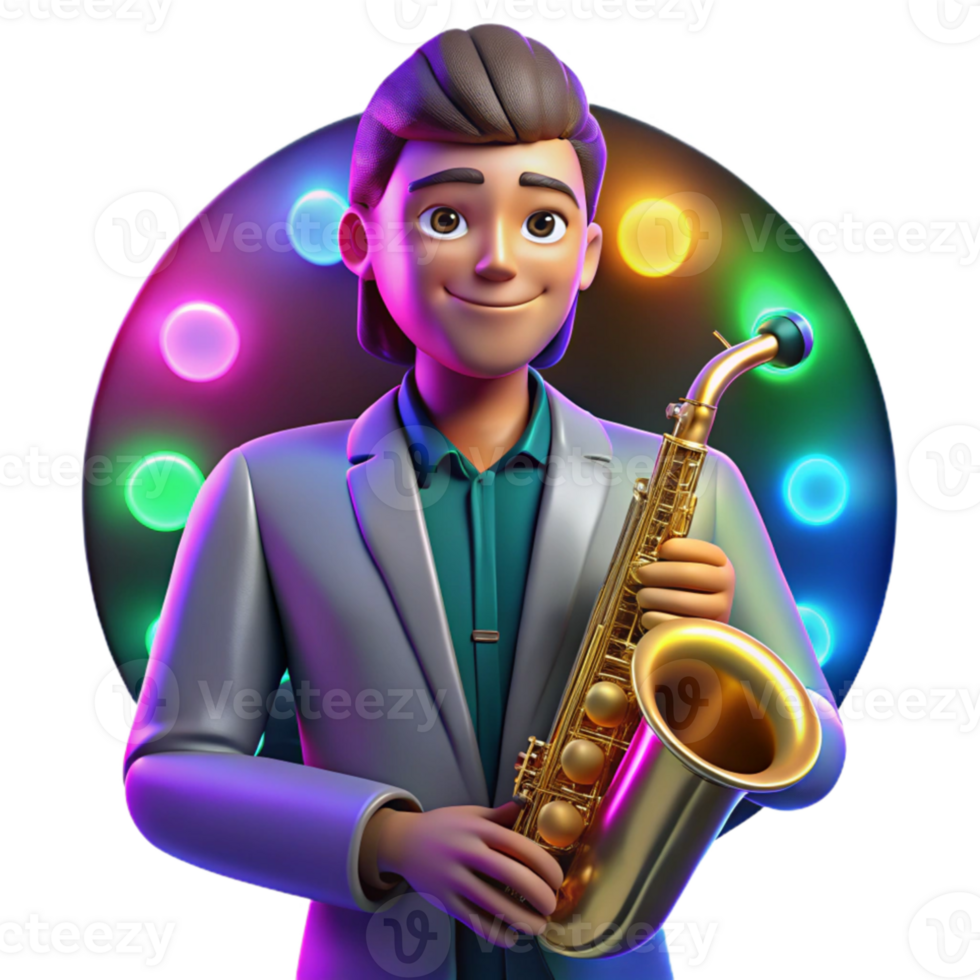 beautiful classic Portrait of a musician with a saxophone, lit by colorful stage lights, in a pop art style 4K png