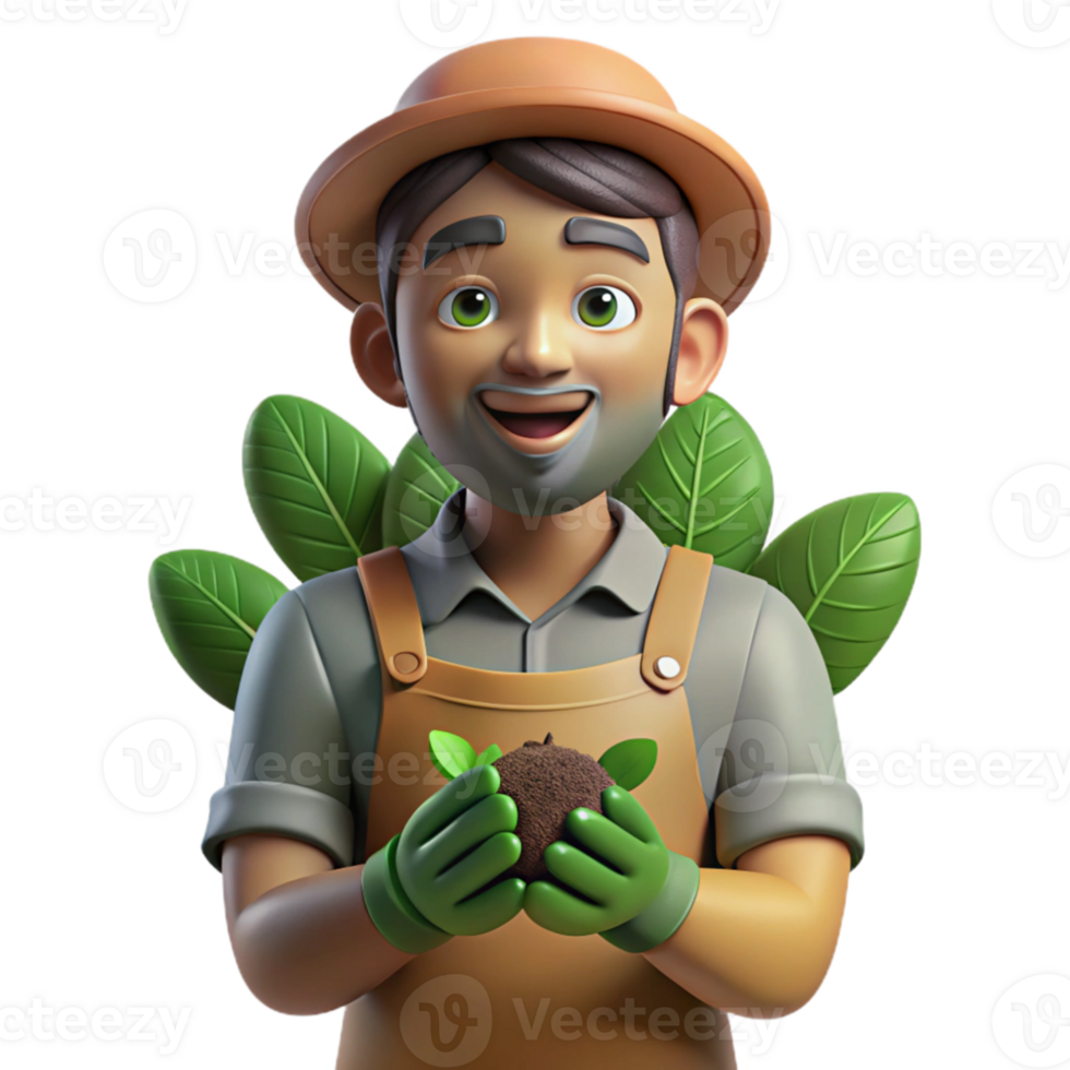 extraordinary artistic Portrait of a gardener with dirt on their hands and a peaceful expression, lit by sunlight filtering through leaves, in an impressionistic style detailed png
