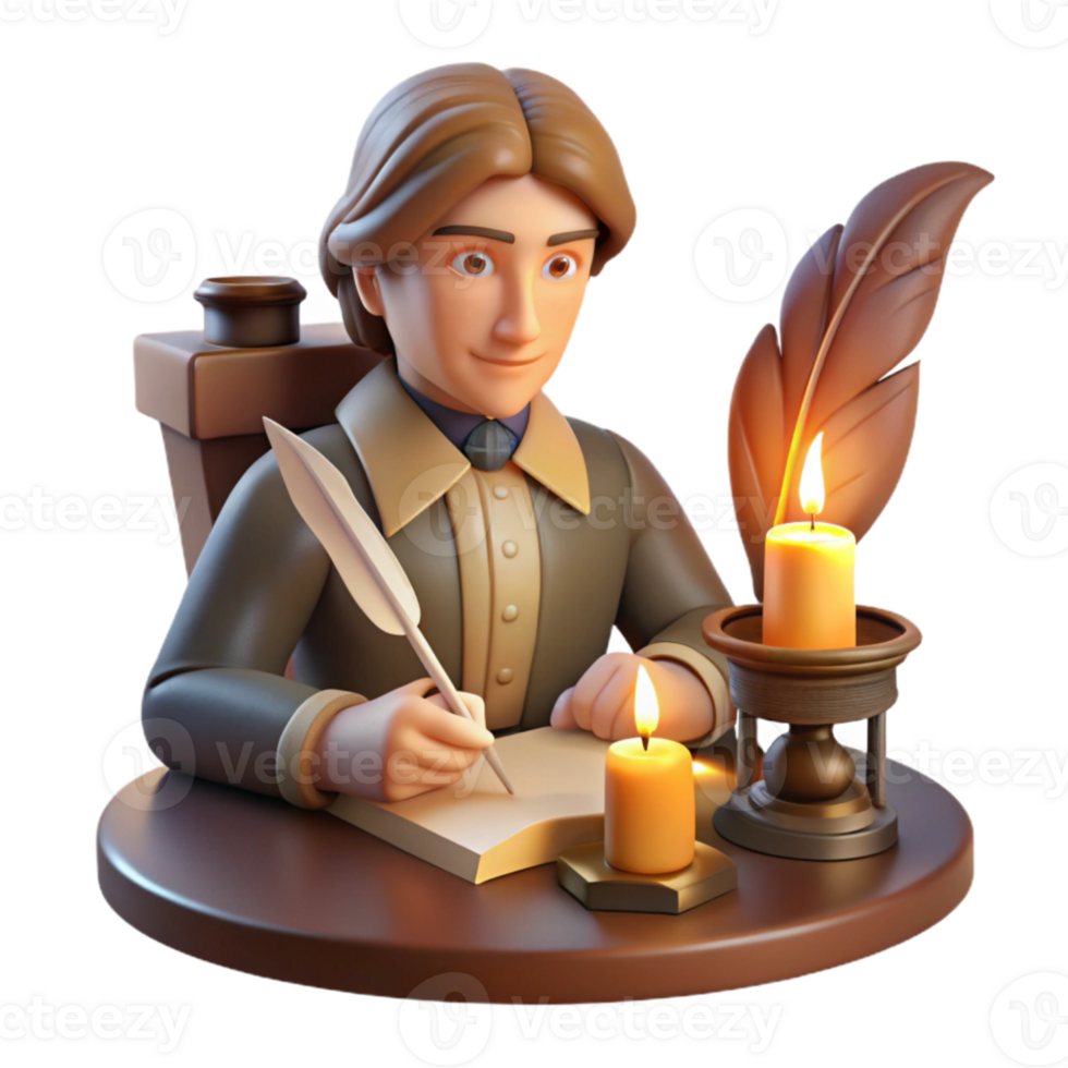 impressive vintage Portrait of a writer with a quill and parchment, lit by the warm glow of a fireplace, in a vintage style premium png